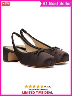 Satin Ruched Ballet Slingback Heels with Bow Square Toe